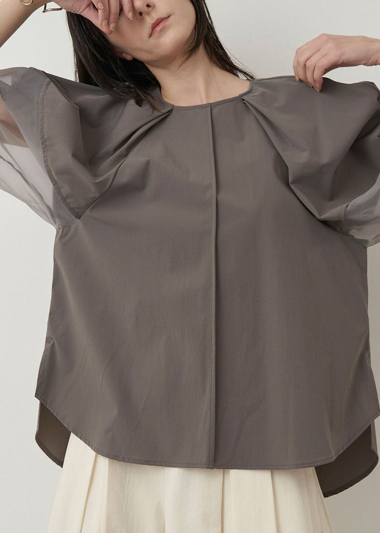 Italian Grey Puff Sleeve Patchwork Organza Shirt Tops Summer
