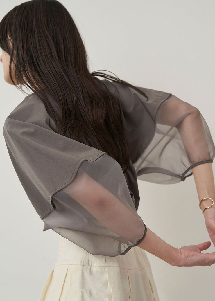 Italian Grey Puff Sleeve Patchwork Organza Shirt Tops Summer