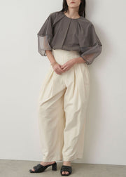 Italian Grey Puff Sleeve Patchwork Organza Shirt Tops Summer