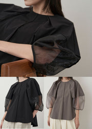 Italian Grey Puff Sleeve Patchwork Organza Shirt Tops Summer