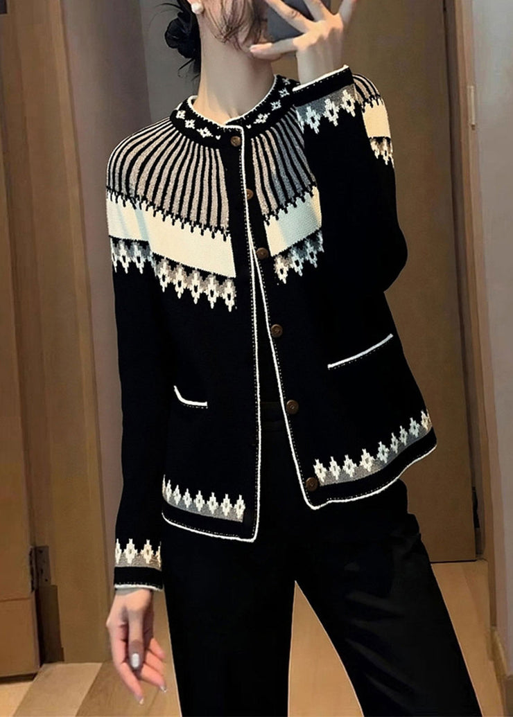 Italian Jacquard Black Stand Collar Button Cotton Knit Cardigans Fall