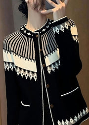 Italian Jacquard Black Stand Collar Button Cotton Knit Cardigans Fall