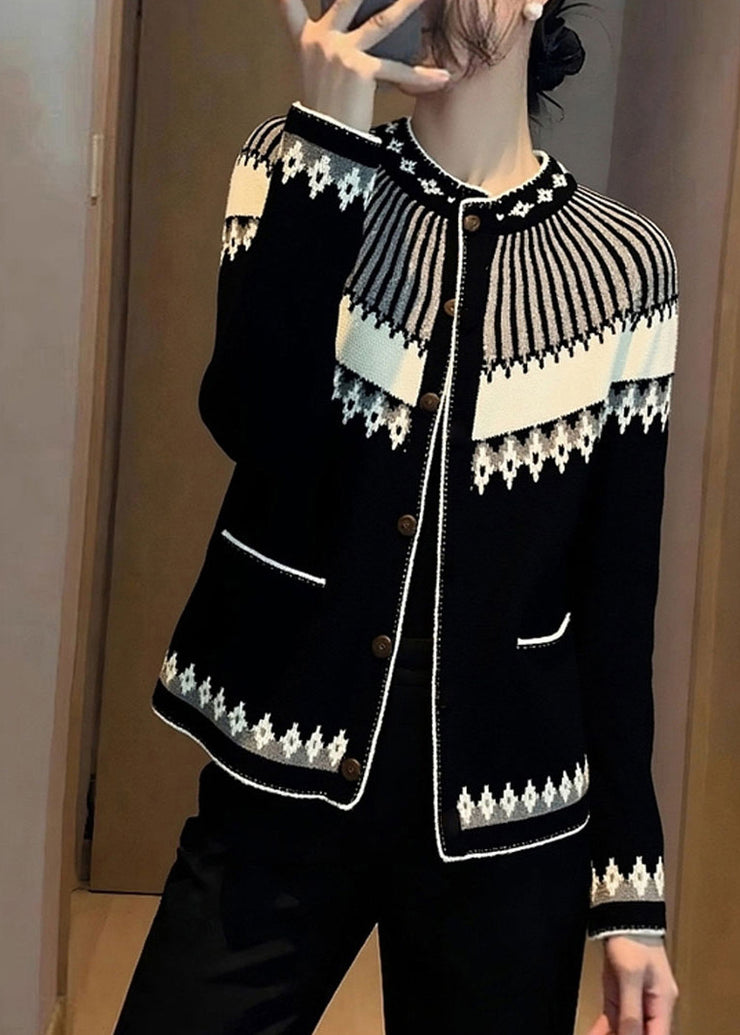 Italian Jacquard Black Stand Collar Button Cotton Knit Cardigans Fall
