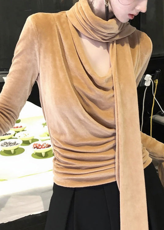 Italian Khaki Bow Solid Silk Velour T Shirts Winter