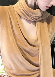 Italian Khaki Bow Solid Silk Velour T Shirts Winter