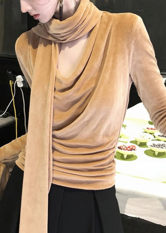 Italian Khaki Bow Solid Silk Velour T Shirts Winter