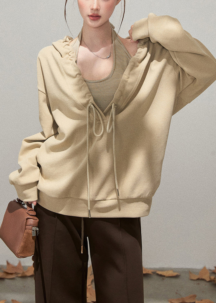 Italian Khaki Hooded Drawstring Cotton Sweatshirts Tracksuits Fall