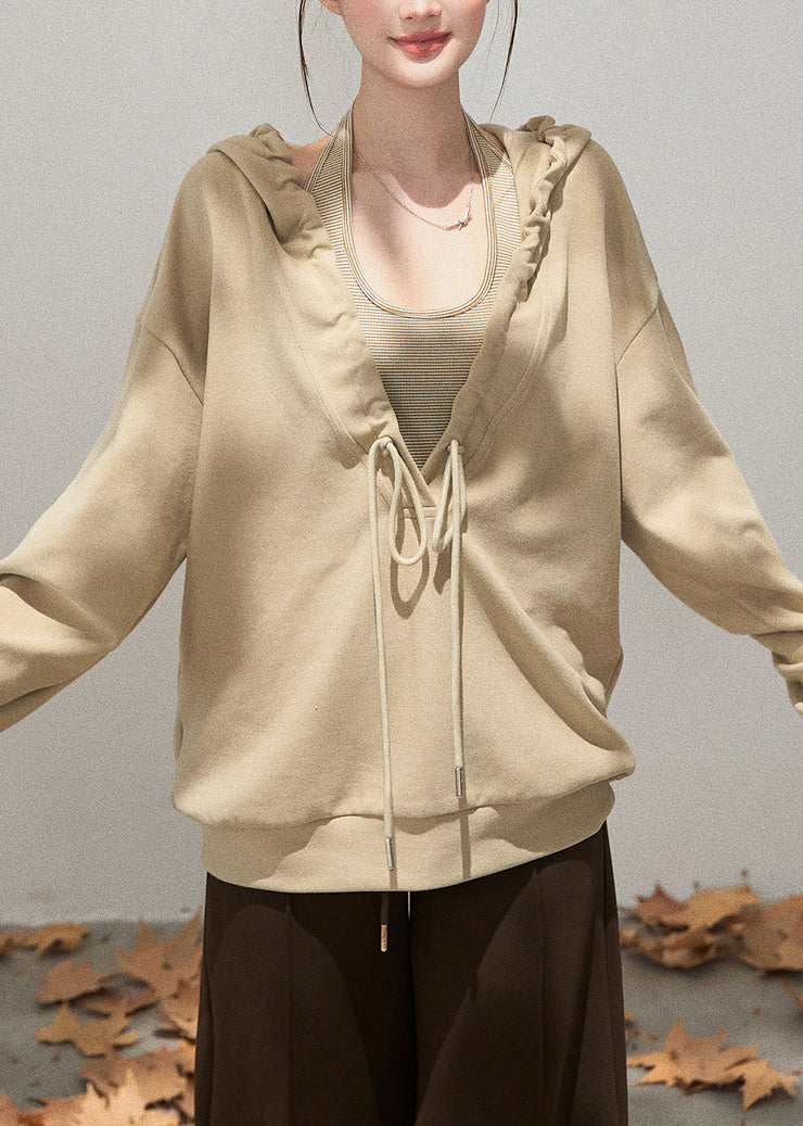 Italian Khaki Hooded Drawstring Cotton Sweatshirts Tracksuits Fall