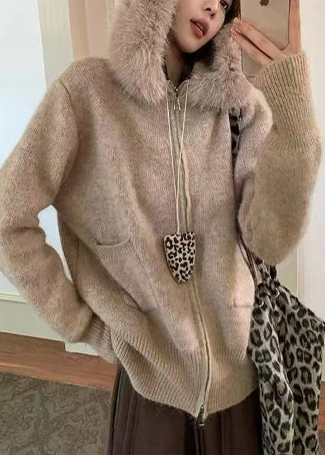 Italian Khaki Hooded Patchwork Faux Fur Knit Coats Winter