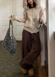 Italian Khaki Hooded Patchwork Faux Fur Knit Coats Winter