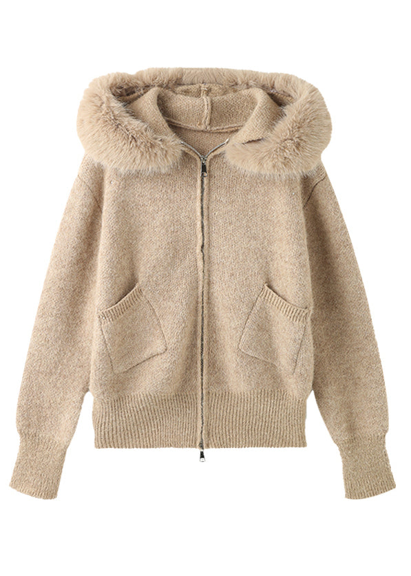 Italian Khaki Hooded Patchwork Faux Fur Knit Coats Winter