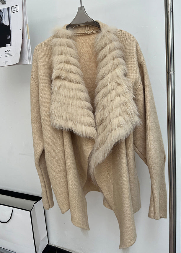 Italian Khaki Peter Pan Collar Fox Collar Patchwork Woolen Cardigan Fall