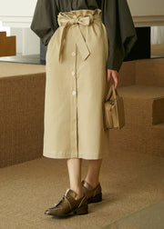 Italian Khaki Pockets Lace Up Button Cotton Skirts Summer