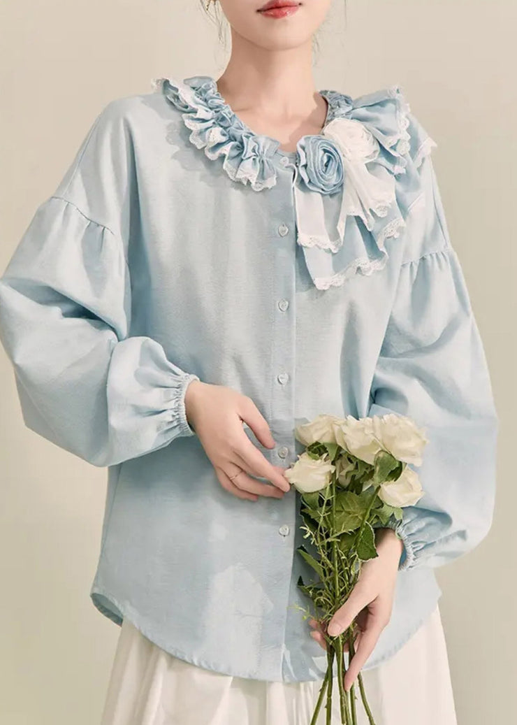 Italian Light Blue Ruffled Patchwork Button Top Fall