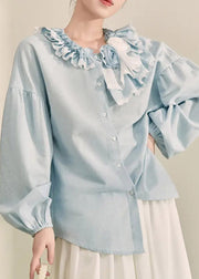 Italian Light Blue Ruffled Patchwork Button Top Fall