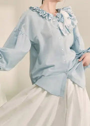 Italian Light Blue Ruffled Patchwork Button Top Fall