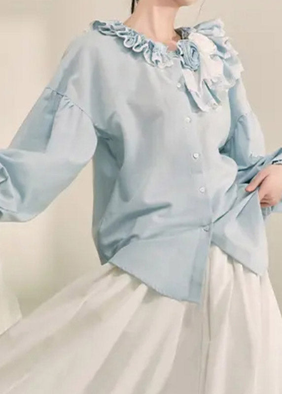 Italian Light Blue Ruffled Patchwork Button Top Fall