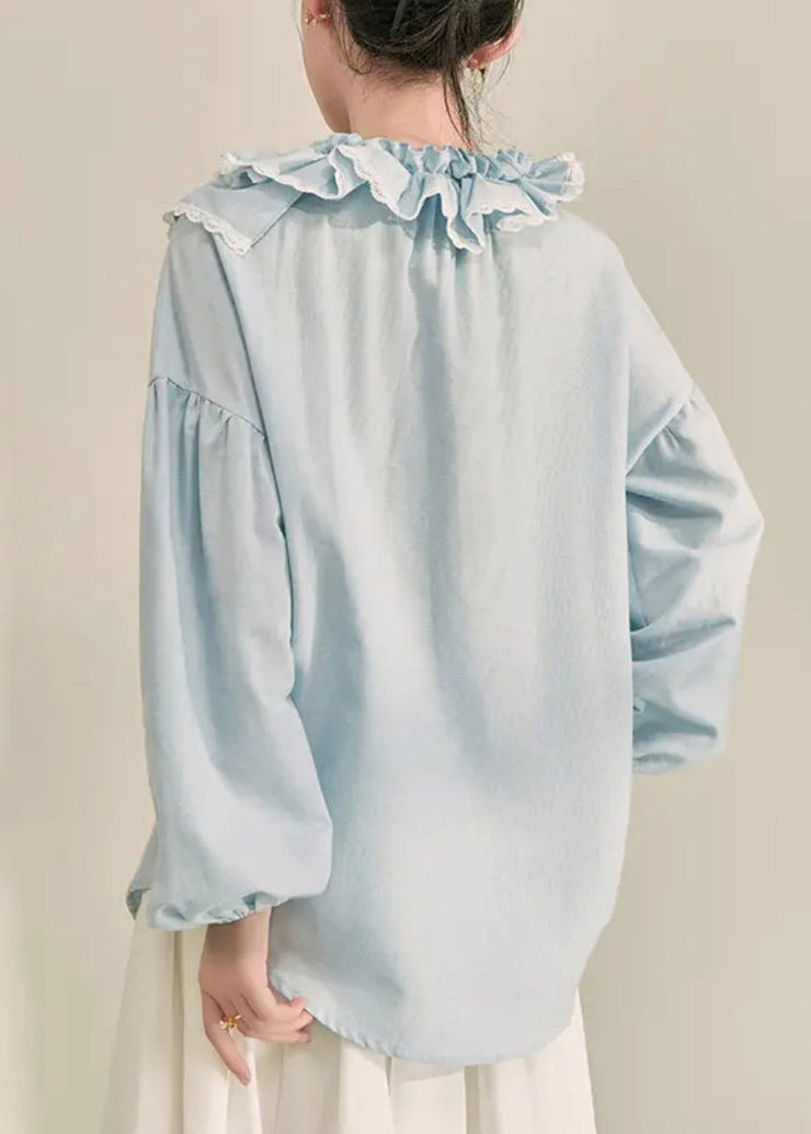 Italian Light Blue Ruffled Patchwork Button Top Fall