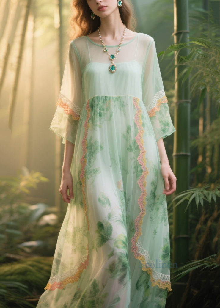 Italian Light Green Print Patchwork Lace Tulle Dress Summer