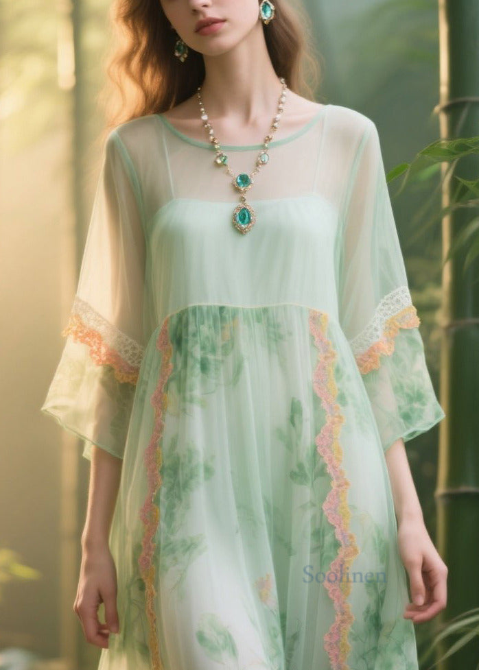 Italian Light Green Print Patchwork Lace Tulle Dress Summer