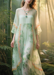 Italian Light Green Print Patchwork Lace Tulle Dress Summer