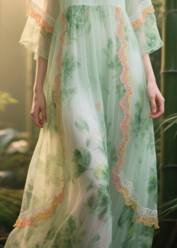 Italian Light Green Print Patchwork Lace Tulle Dress Summer