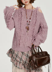 Italian Light Purple Cold Shoulder Cozy Fluffy Sweater Tops Winter