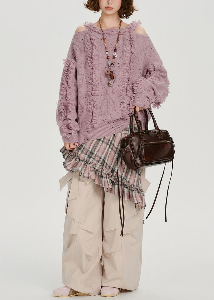 Italian Light Purple Cold Shoulder Cozy Fluffy Sweater Tops Winter