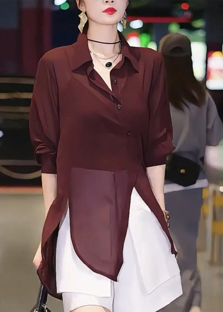 Italian Mulberry Asymmetrical Patchwork Chiffon Shirts Summer
