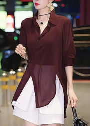 Italian Mulberry Asymmetrical Patchwork Chiffon Shirts Summer