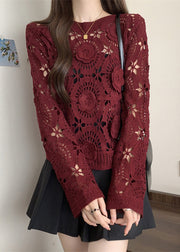 Italian Mulberry Embroidered Hollow Out Knit Sweater Fall