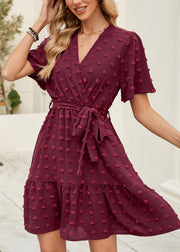 Italian Mulberry V Neck Jacquard Lace Up Cotton Dresses Summer