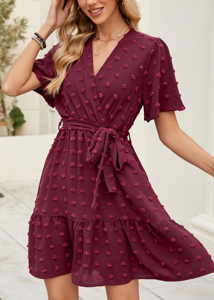 Italian Mulberry V Neck Jacquard Lace Up Cotton Dresses Summer