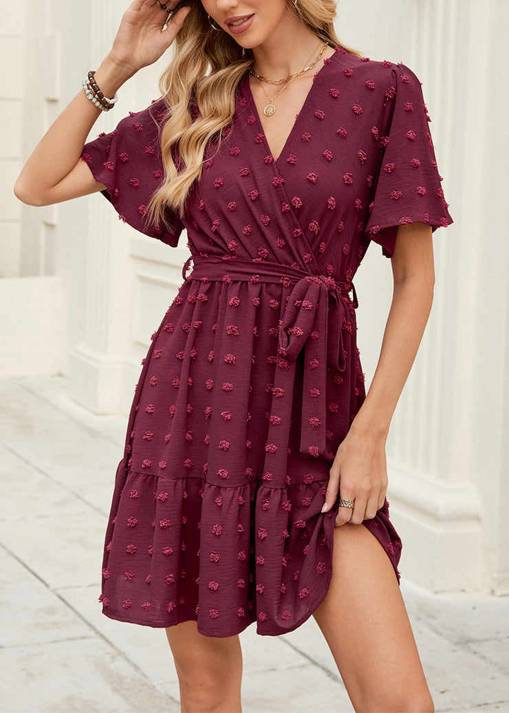 Italian Mulberry V Neck Jacquard Lace Up Cotton Dresses Summer