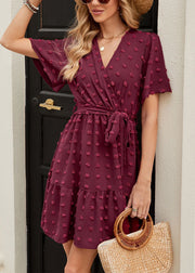 Italian Mulberry V Neck Jacquard Lace Up Cotton Dresses Summer