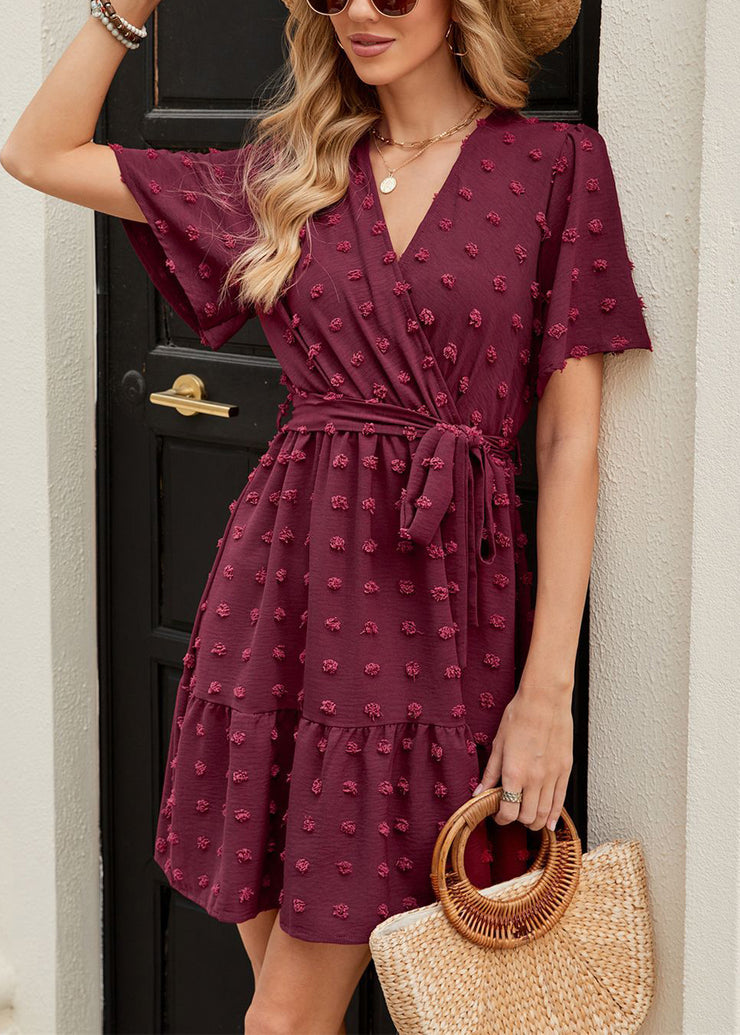 Italian Mulberry V Neck Jacquard Lace Up Cotton Dresses Summer