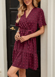 Italian Mulberry V Neck Jacquard Lace Up Cotton Dresses Summer
