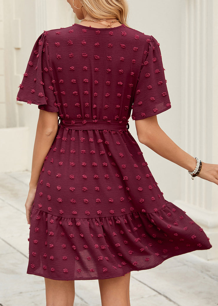 Italian Mulberry V Neck Jacquard Lace Up Cotton Dresses Summer