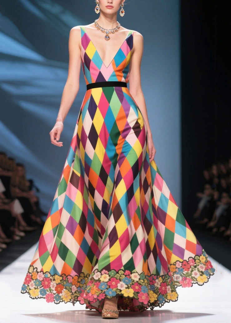 Italian Multicolour Plaid Patchwork Flower Chiffon Sundress Summer