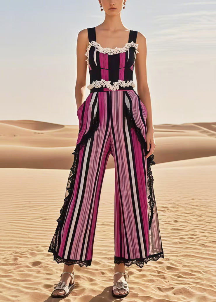 Italian Multicolour Striped Patchwork Lace Jumpsuits Summer