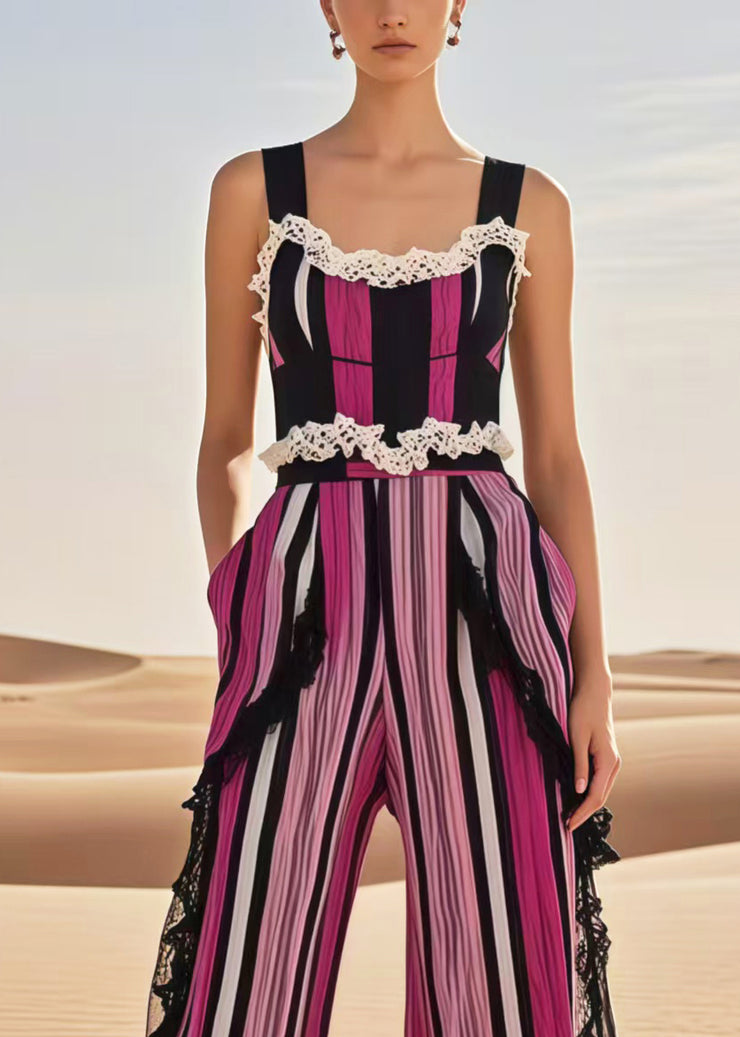 Italian Multicolour Striped Patchwork Lace Jumpsuits Summer