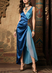 Italian Navy Asymmetrical Patchwork Silk Long Dresses Summer
