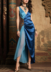 Italian Navy Asymmetrical Patchwork Silk Long Dresses Summer