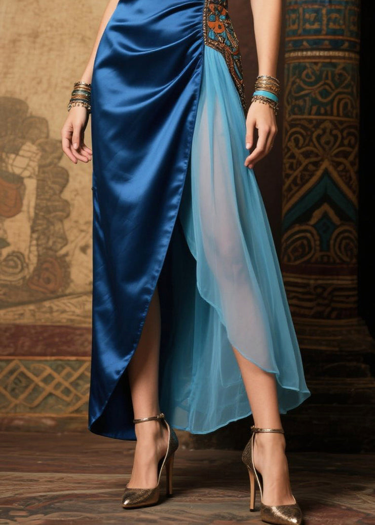 Italian Navy Asymmetrical Patchwork Silk Long Dresses Summer