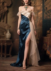 Italian Navy Cold Shoulder Patchwork Silk Party Dress Summer