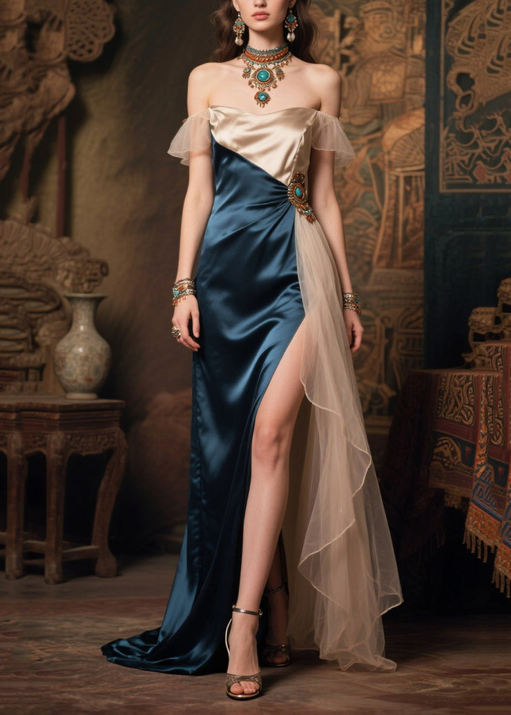 Italian Navy Cold Shoulder Patchwork Silk Party Dress Summer