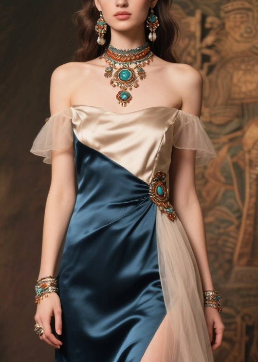 Italian Navy Cold Shoulder Patchwork Silk Party Dress Summer