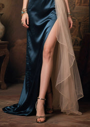 Italian Navy Cold Shoulder Patchwork Silk Party Dress Summer