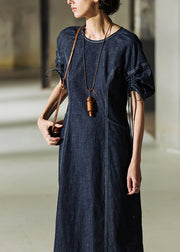 Italian Navy O Neck Drawstring Lace Up Patchwork Denim Dress Summer