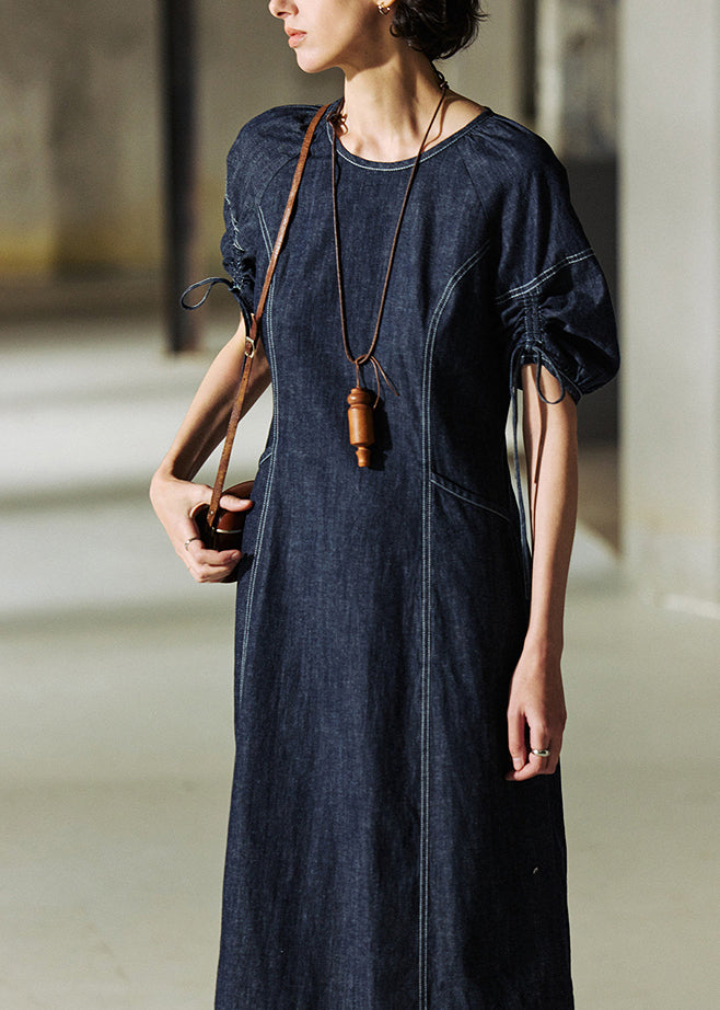 Italian Navy O Neck Drawstring Lace Up Patchwork Denim Dress Summer